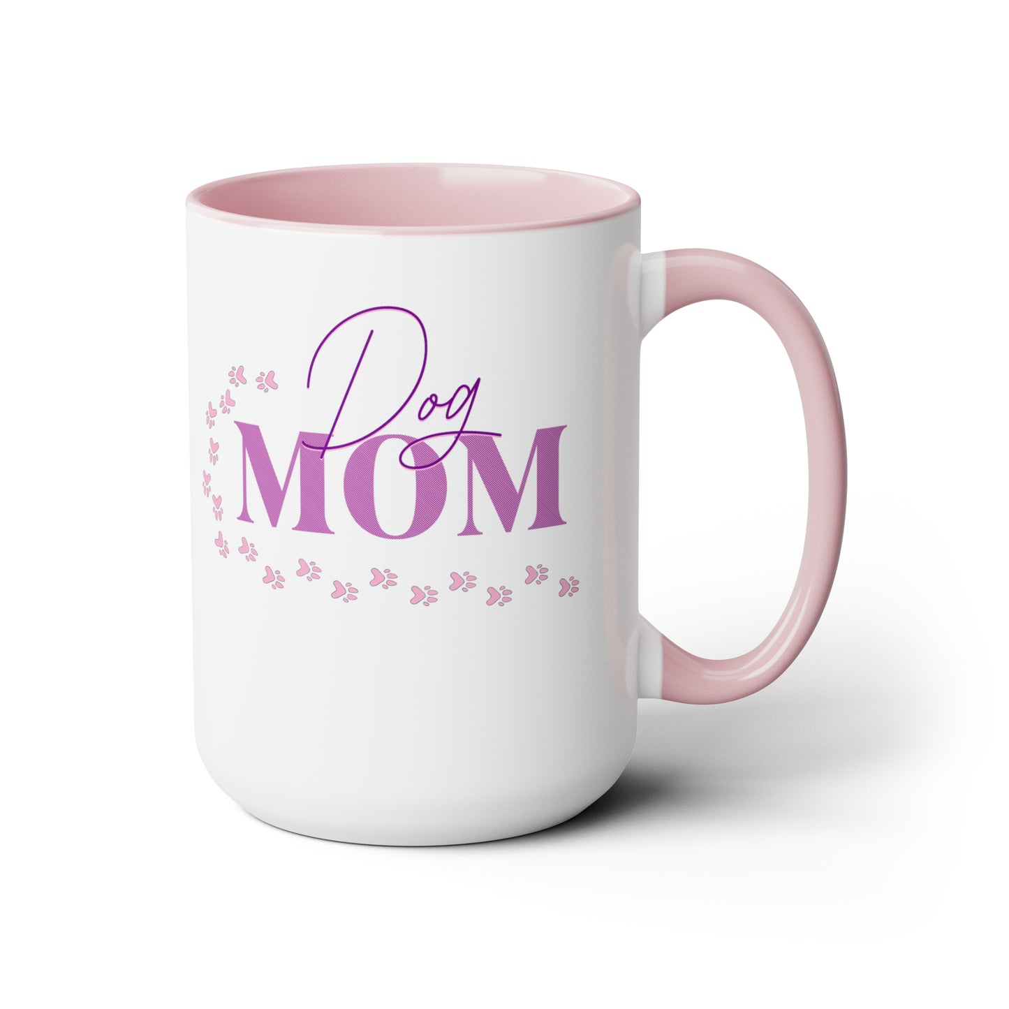 Dog Mom Pink Coffee Mug, 15oz Paw Prints Pink and Purple design