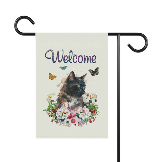 Black cat welcome garden flag banner cute yard sign spring flowers